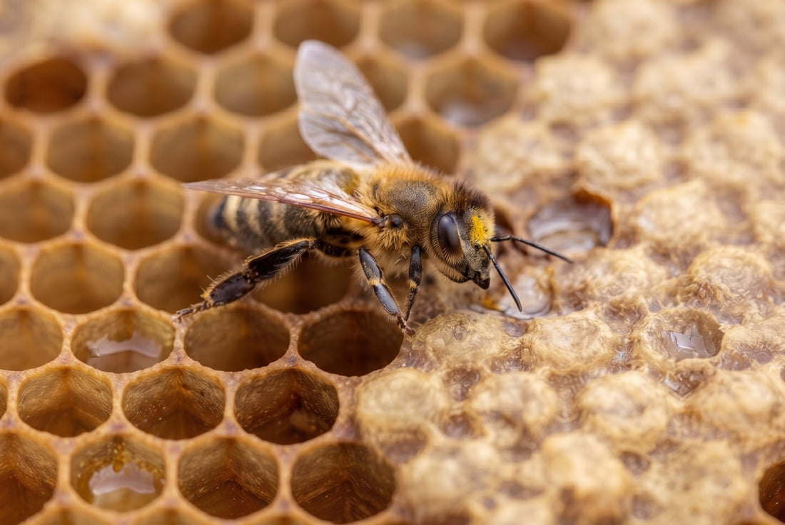 Gros plan d'une abeille butinant sur des alvéoles de cire de ruche remplies de miel, vue macro détaillée de l'apiculture - Abeille animal totem - Liyami Nature