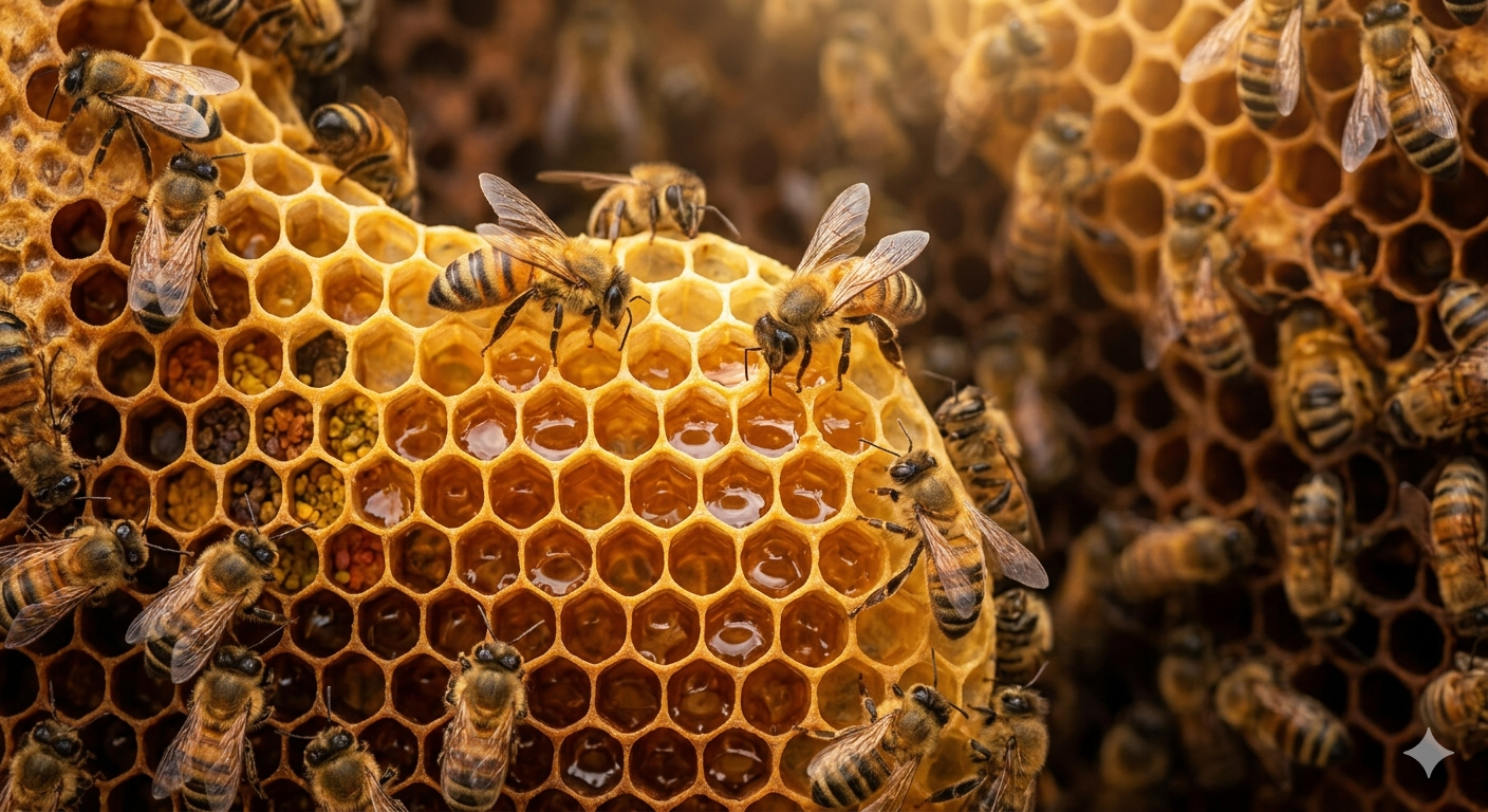 Abeilles produisant du miel dans les alvéoles d’une ruche naturelle
