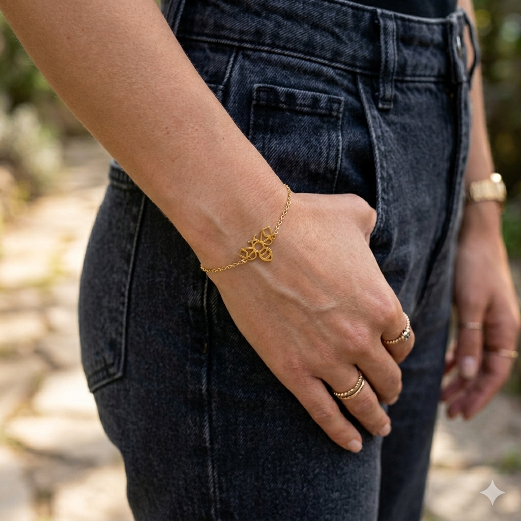 Bracelet animal totem abeille doré porté au poignet – bijou symbolique femme inspiré de l’abeille, symbole de force, d’harmonie, de persévérance et d’énergie positive.