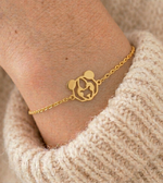 Bracelet animal totem panda doré porté au poignet avec un pull en maille – bijou symbolique femme inspiré du panda, symbole de paix, de douceur, d’équilibre intérieur et de force tranquille.