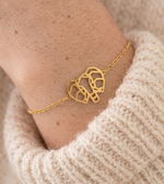 Bracelet animal totem renard doré porté au poignet avec un pull beige – bijou symbolique femme inspiré de l'éléphant, symbole de force, sagesse, persévérance et loyauté.