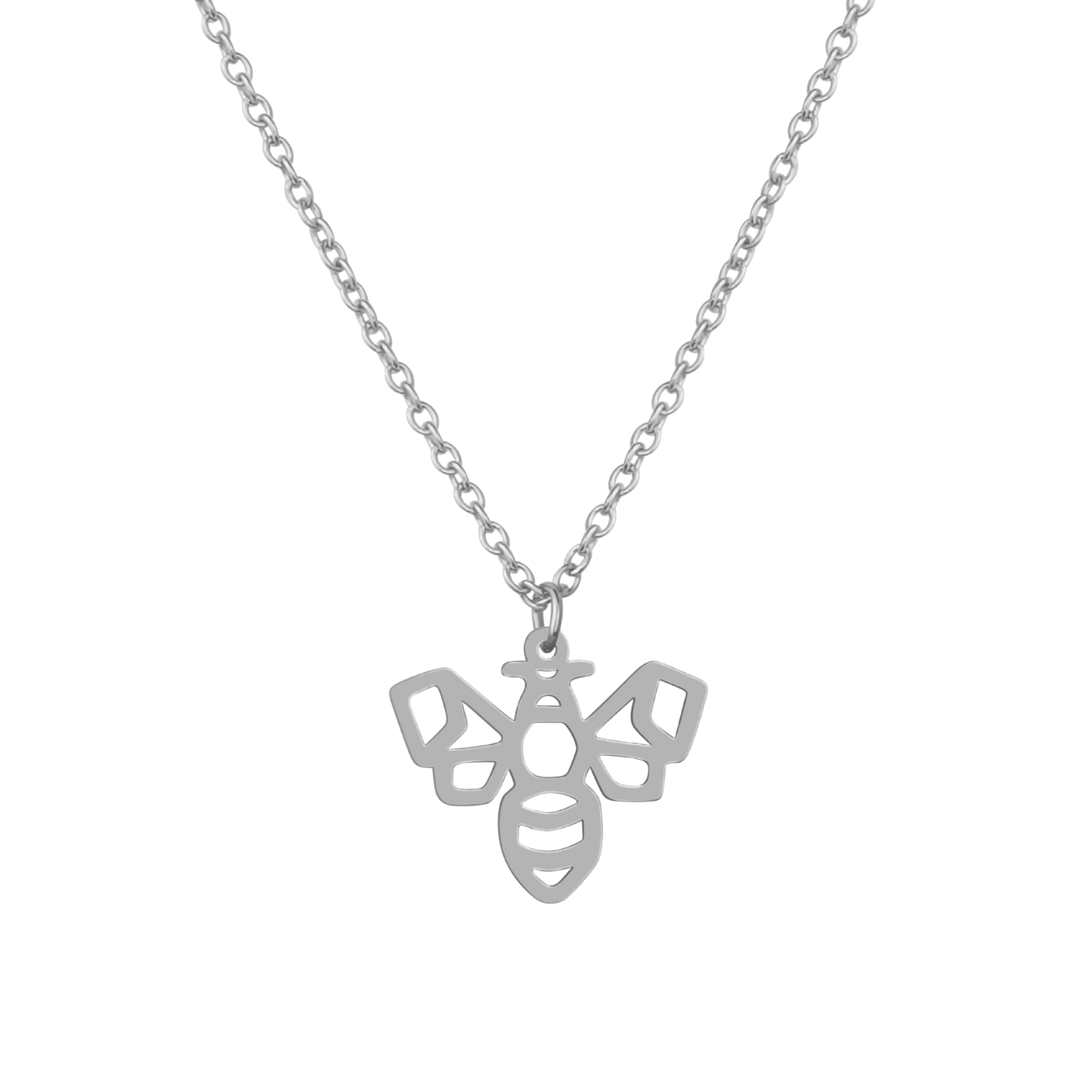 Collier animal totem en acier inoxydable argenté avec pendentif abeille style origami géométrique