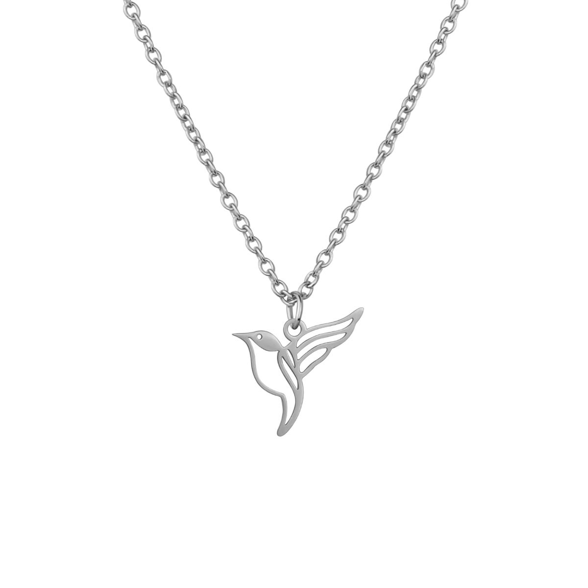 Collier animal totem en acier inoxydable argenté avec pendentif colibri style origami géométrique