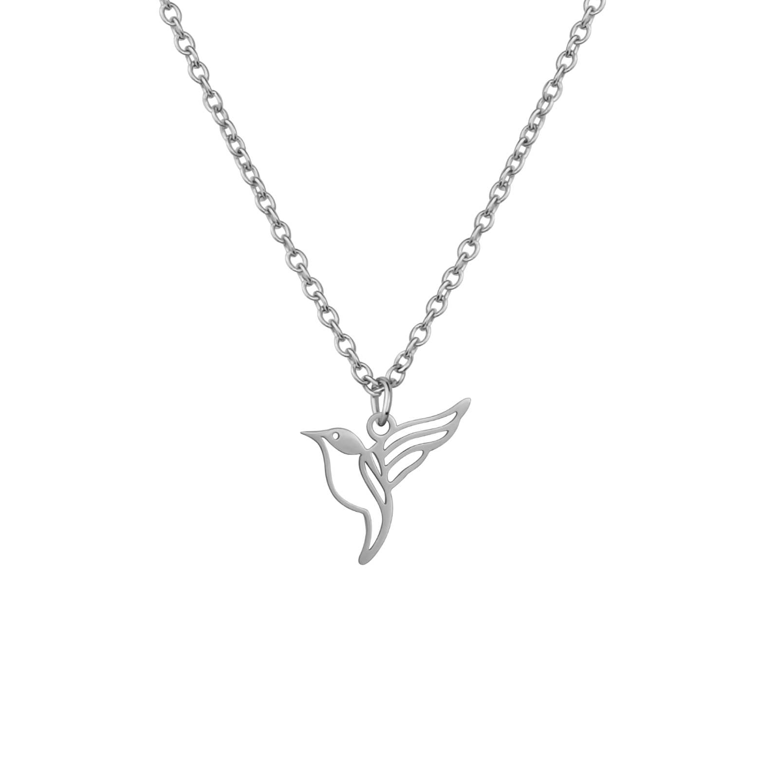 Collier animal totem en acier inoxydable argenté avec pendentif colibri style origami géométrique