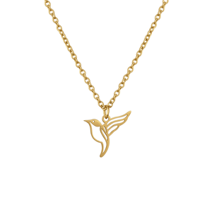 Collier animal totem en acier inoxydable doré avec pendentif colibri style origami géométrique