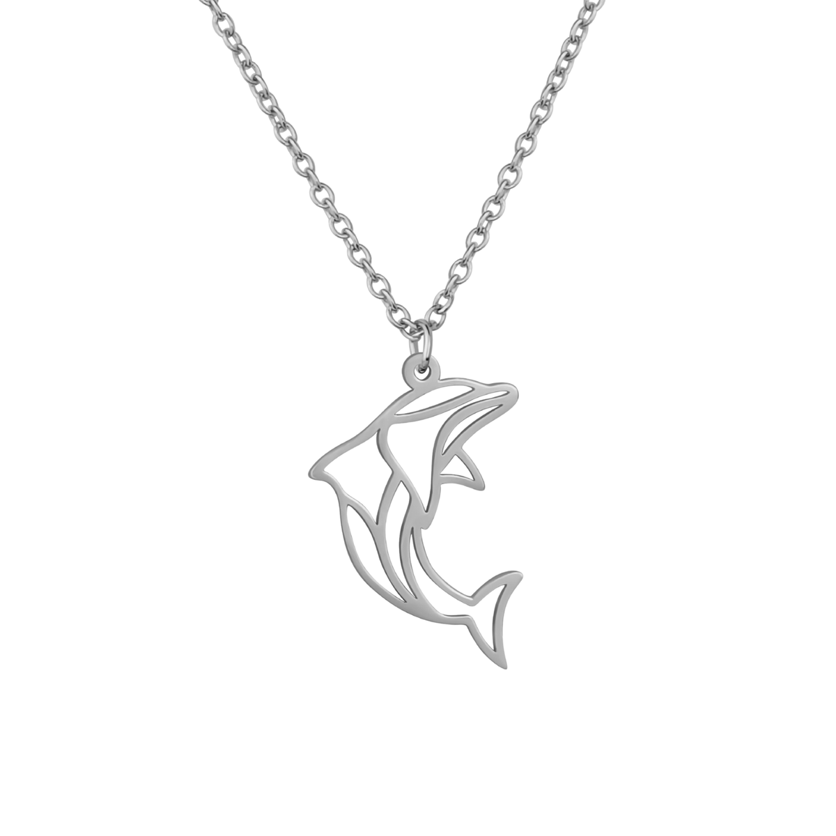 Collier animal totem en acier inoxydable argenté avec pendentif dauphin style origami géométrique