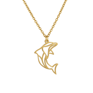 Collier animal totem en acier inoxydable doré avec pendentif dauphin style origami géométrique