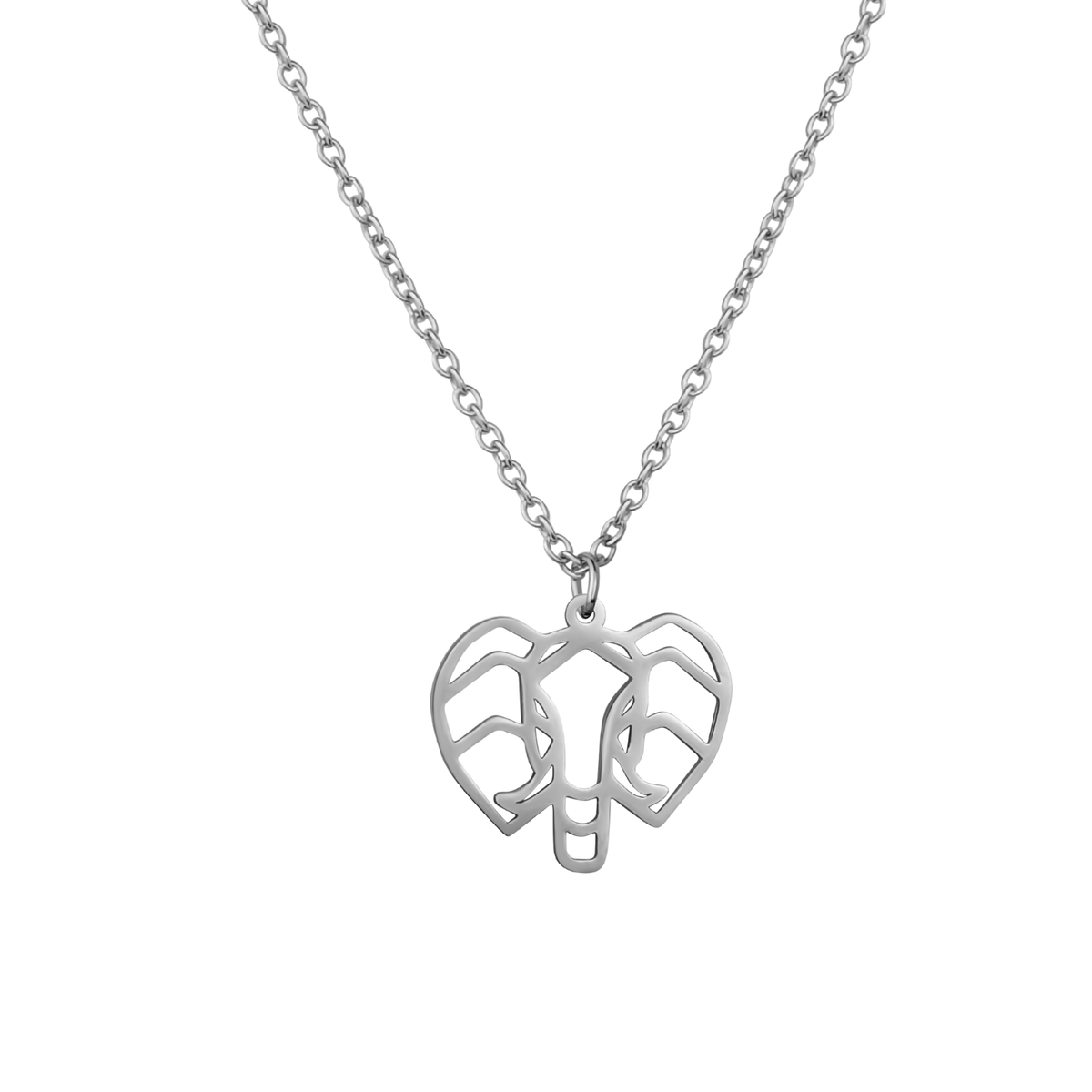 Collier animal totem en acier inoxydable argenté avec pendentif éléphant style origami géométrique