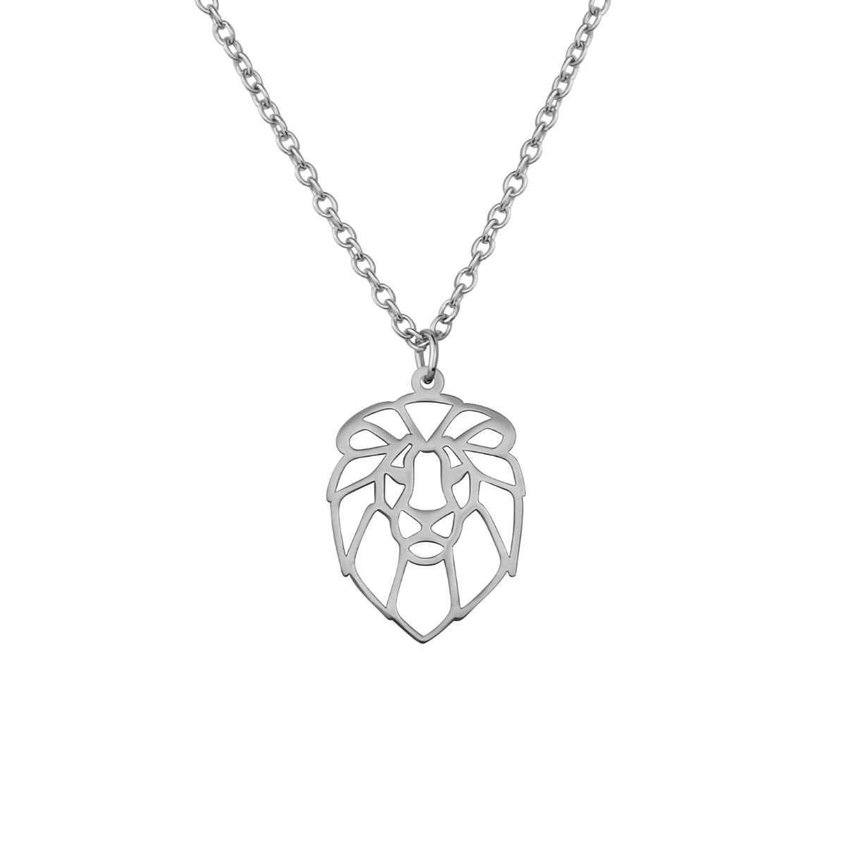 Collier animal totem en acier inoxydable argenté avec pendentif lion style origami géométrique
