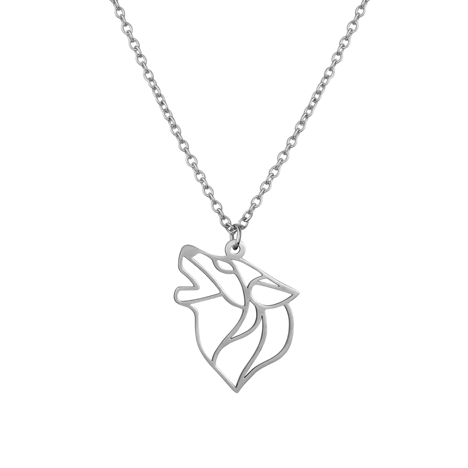Collier animal totem en acier inoxydable argenté avec pendentif loup style origami géométrique