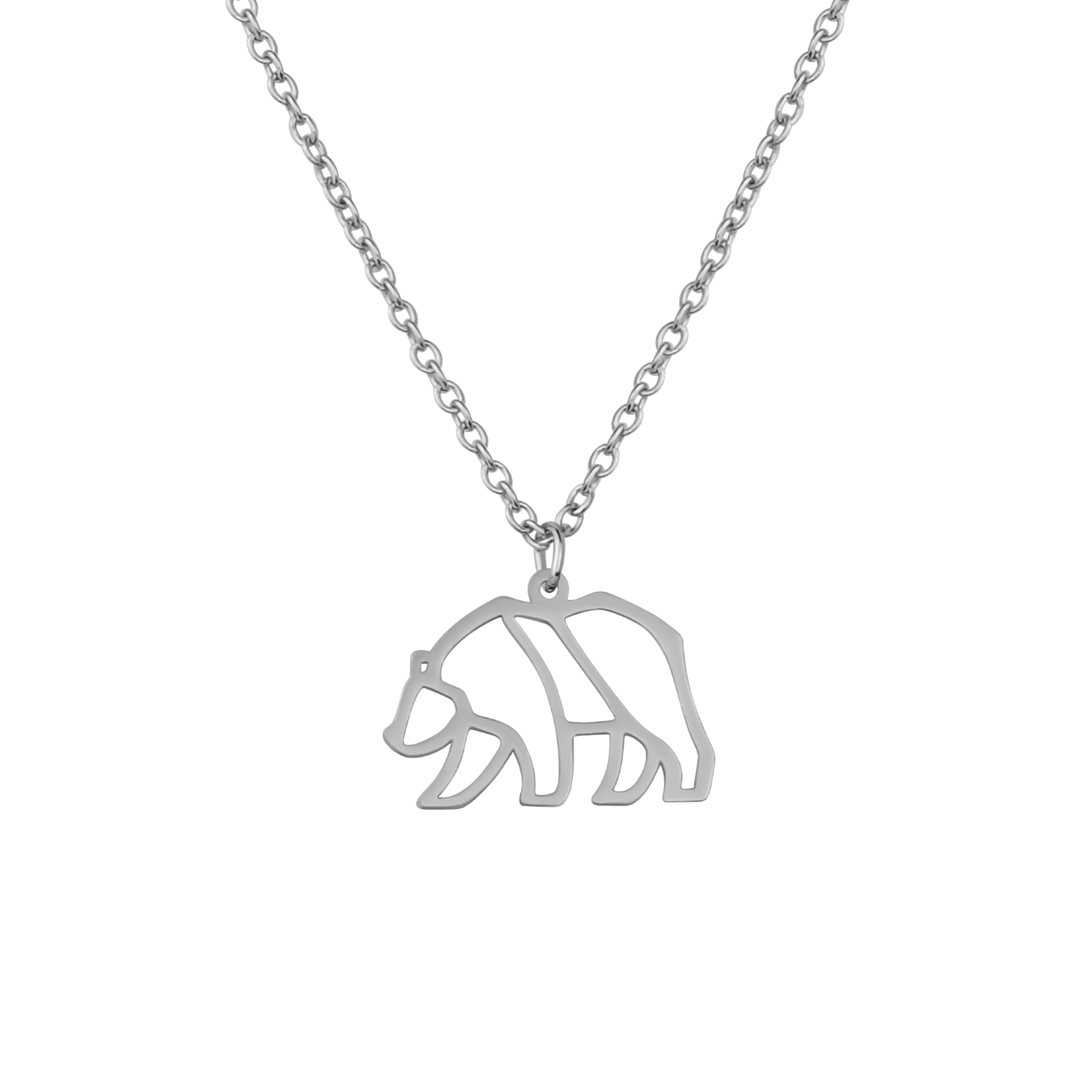 Collier animal totem en acier inoxydable argenté avec pendentif ours style origami géométrique