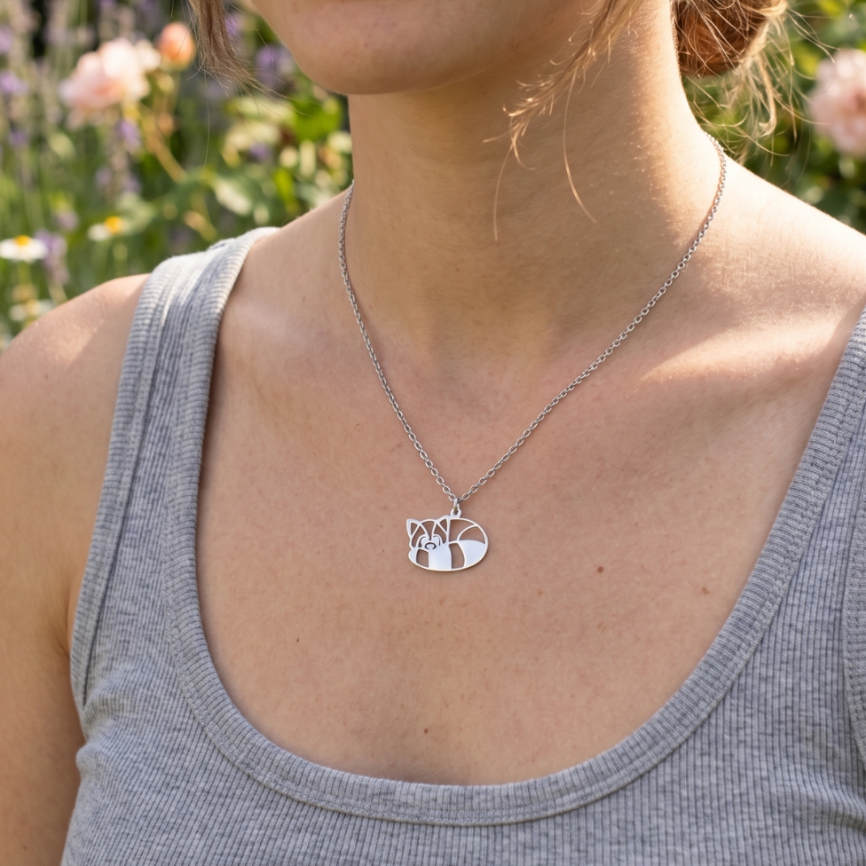 Collier pendentif Panda Roux argent géométrique en acier doré 316L porté par une femme, bijou animal totem élégant et moderne, idéal pour un cadeau raffiné.