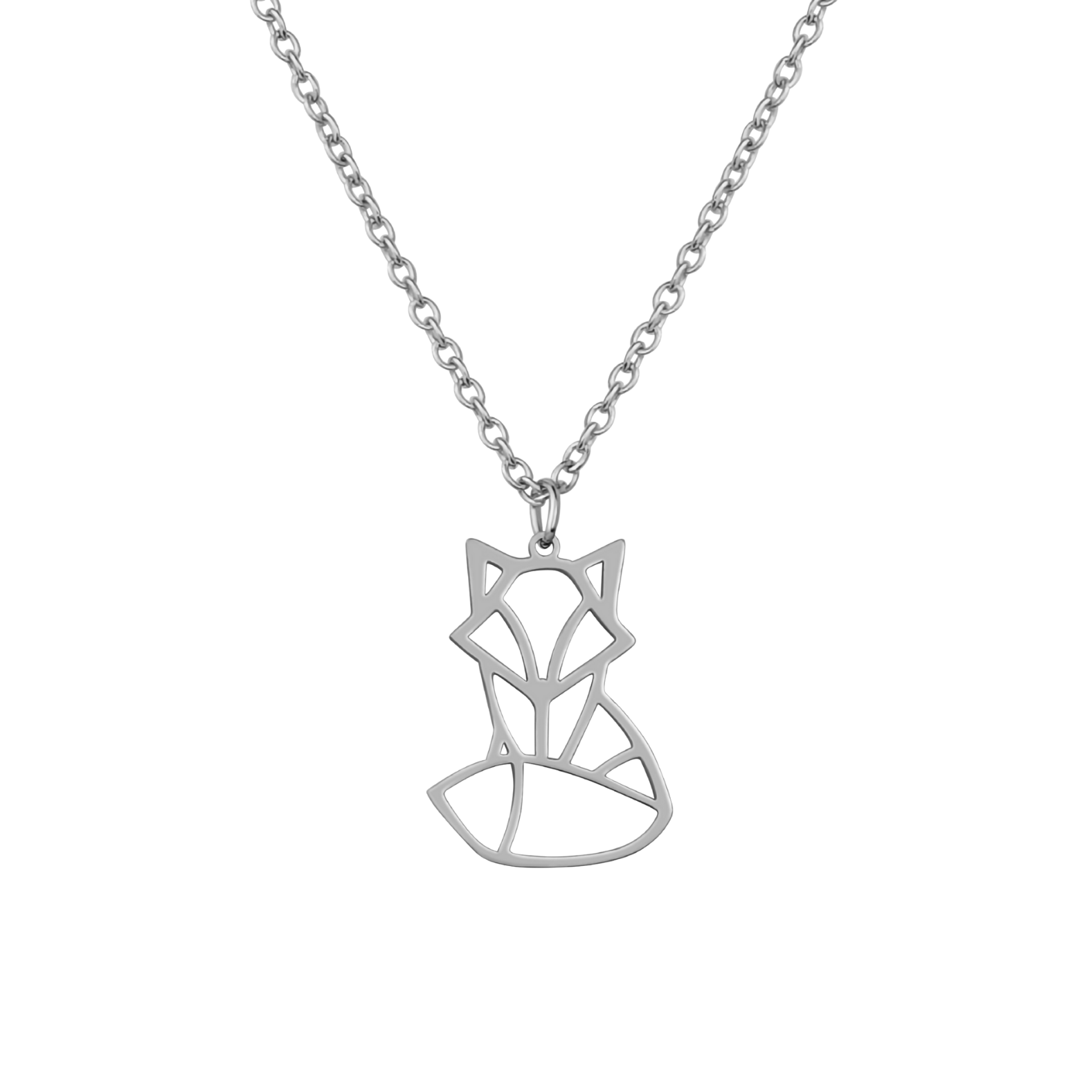 Collier animal totem en acier inoxydable argenté avec pendentif renard style origami géométrique