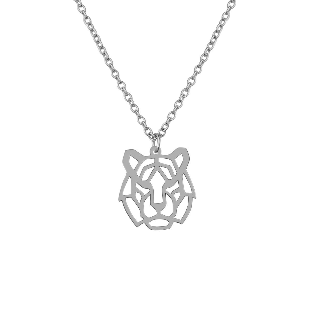 Collier animal totem en acier inoxydable argenté avec pendentif tigre style origami géométrique