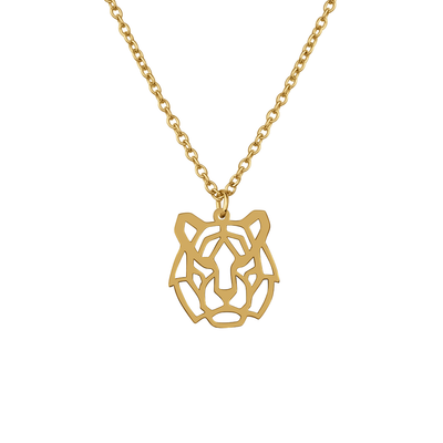 Collier animal totem en acier inoxydable doré avec pendentif tigre style origami géométrique