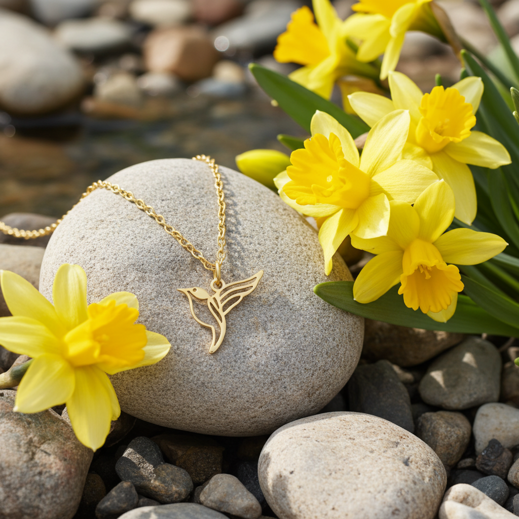 Collier animal totem en acier inoxydable doré avec pendentif colibri style origami géométrique posé sur une pierre