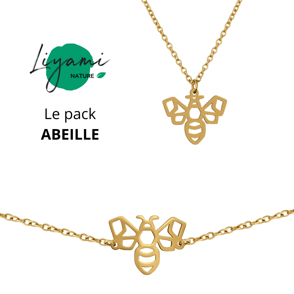 Parure bijoux animal totem : collier et bracelet abeille en acier inoxydable doré style origami géométrique