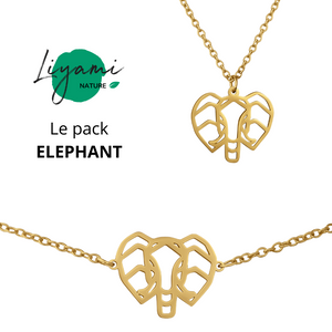 Parure bijoux animal totem : collier et bracelet éléphant en acier inoxydable doré style origami géométrique