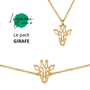 Parure bijoux animal totem : collier et bracelet girafe en acier inoxydable doré style origami géométrique