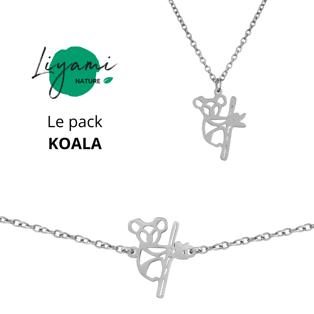 Parure bijoux animal totem : collier et bracelet koala en acier inoxydable argenté style origami géométrique