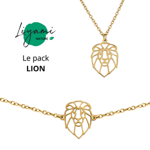 Parure bijoux animal totem : collier et bracelet lion en acier inoxydable doré style origami géométrique