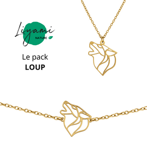 Parure bijoux animal totem : collier et bracelet loup en acier inoxydable doré style origami géométrique