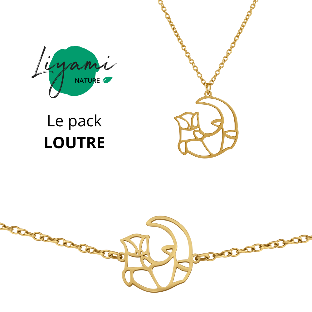 Parure bijoux animal totem : collier et bracelet loutre en acier inoxydable doré style origami géométrique