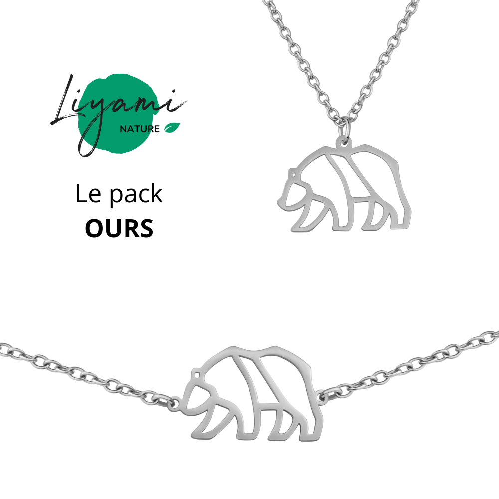 Parure bijoux animal totem : collier et bracelet ours en acier inoxydable argenté style origami géométrique