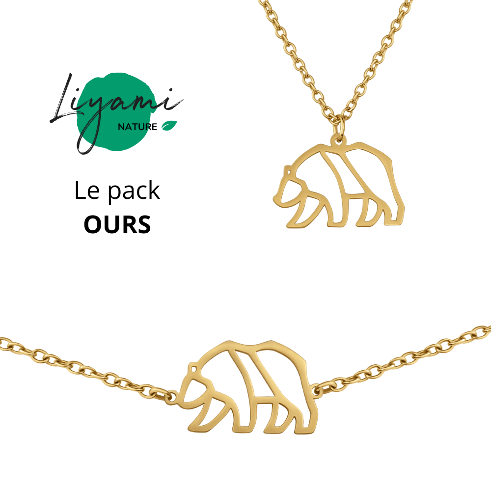 Parure bijoux animal totem : collier et bracelet ours en acier inoxydable doré style origami géométrique