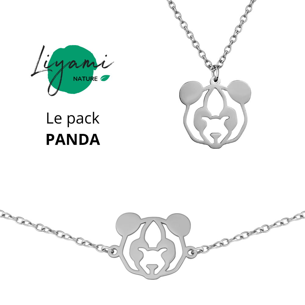 Parure bijoux animal totem : collier et bracelet panda en acier inoxydable argenté style origami géométrique