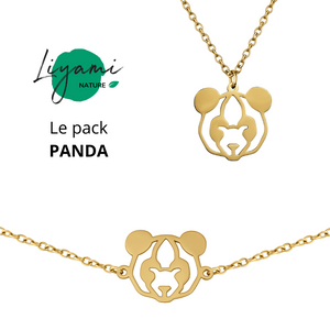 Parure bijoux animal totem : collier et bracelet panda en acier inoxydable doré style origami géométrique
