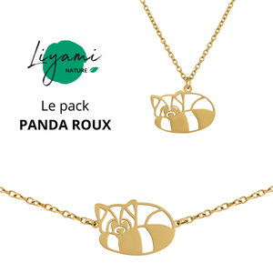 Parure bijoux animal totem : collier et bracelet panda roux en acier inoxydable doré style origami géométrique