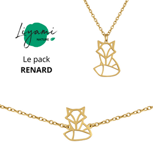 Parure bijoux animal totem : collier et bracelet renard en acier inoxydable doré style origami géométrique