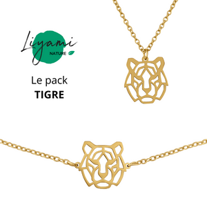 Parure bijoux animal totem : collier et bracelet tigre en acier inoxydable doré style origami géométrique